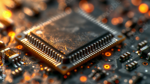 A computer chip is shown in a close up with a lot of detail
