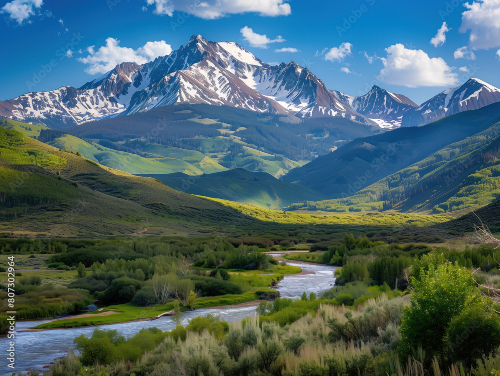 The breathtaking mountain scenery features snow-capped peaks, lush valleys, and a tranquil river. The vibrant colors and rich textures offer a stunning backdrop for relaxation and adventure.