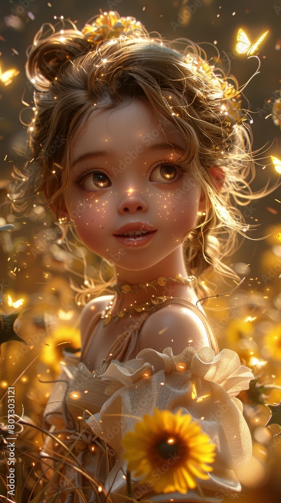 A digitally created image of a young girl with sparkling eyes, surrounded by glowing butterflies and warm light A digitally created image of a young girl with sparkling eyes, surrounded by glowing butterflies and warm light