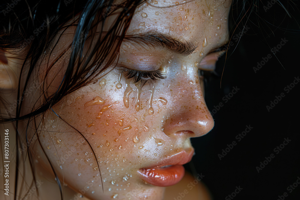 Fototapeta premium A close-up view of a womans face with water droplets covering her skin