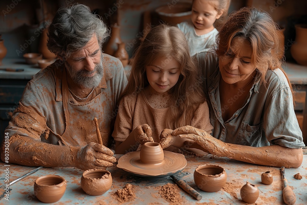 Family making pottery together at a workshop Family making pottery together at a workshop