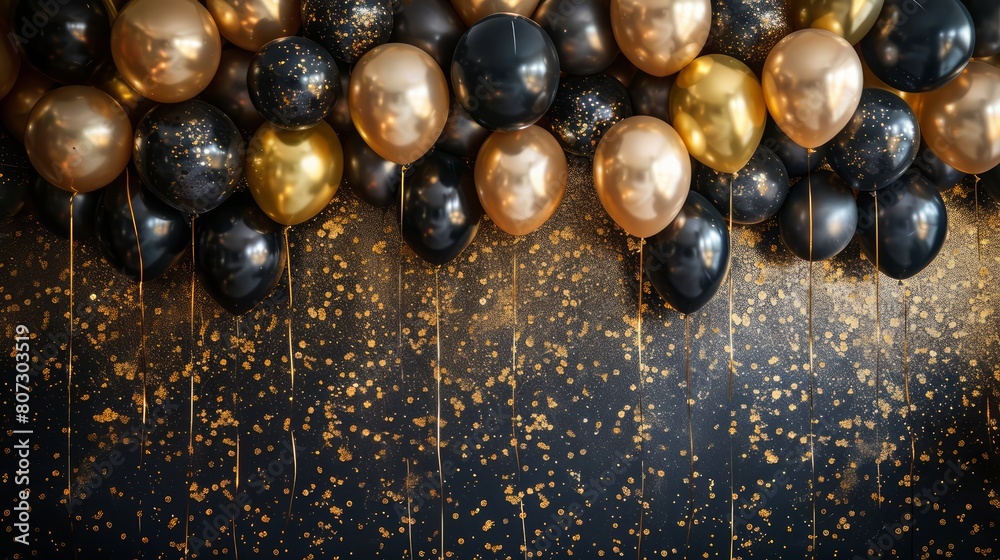 A black and gold backdrop with a lot of gold balloons. The balloons are scattered all over the backdrop, creating a festive and celebratory atmosphere A black and gold backdrop with a lot of gold balloons. The balloons are scattered all over the backdrop, creating a festive and celebratory atmosphere