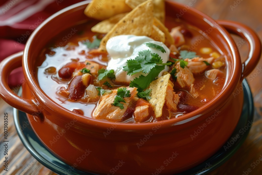 Spicy Chicken Taco Soup in a Warm Orange Bowl with Tortilla Chips and Sour Cream - A Comforting Spicy Chicken Taco Soup in a Warm Orange Bowl with Tortilla Chips and Sour Cream - A Comforting