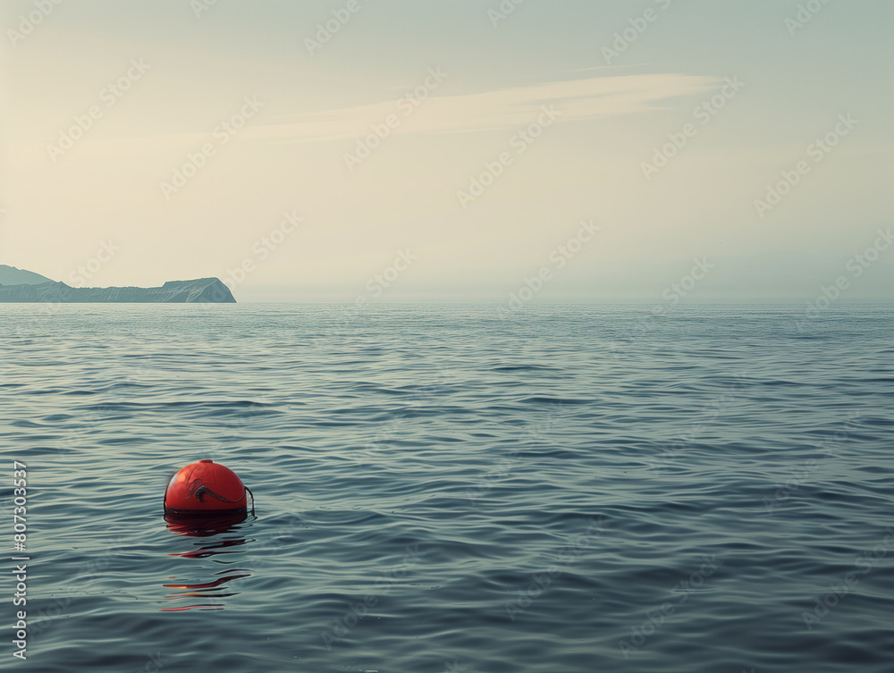 A solitary buoy calmly floats in the expansive ocean, with a distant small island in view.