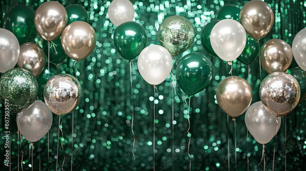 A bunch of balloons with a green and silver color scheme. The balloons are hanging from the ceiling, creating a festive atmosphere
