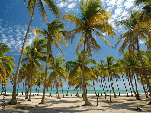 Palm trees at  beach sway gracefully, creating a mesmerizing dance.