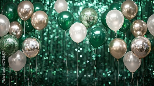 A bunch of balloons with a green and silver color scheme. The balloons are hanging from the ceiling, creating a festive atmosphere