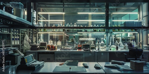 An immaculately organized lab featuring modern scientific instruments, glassware, and a well-lit work space