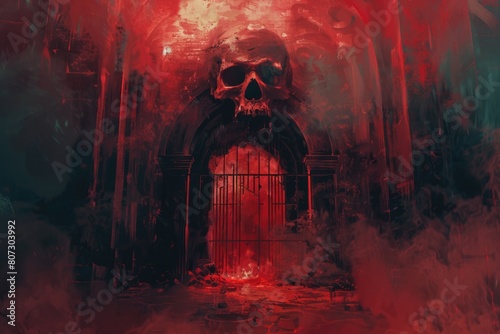 Sinful Gate to Hell - An Illustration of Death's Doorway with Skull, Smoke, and Flames 