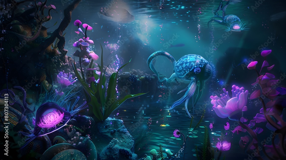 Surreal underwater scenes with glowing sea creatures