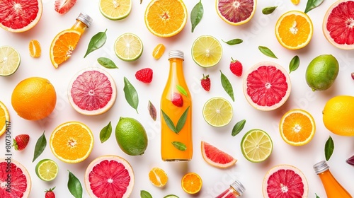 Fresh citrus juices and smoothies on food background  top view - healthy summer drinks concept