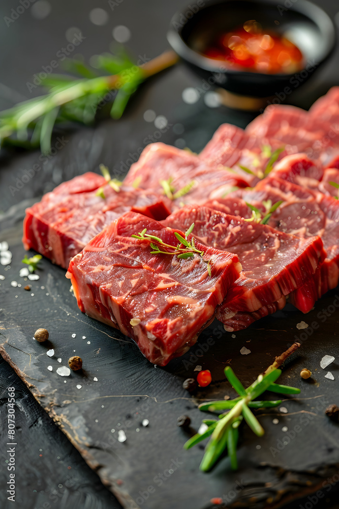 close up of fatty raw wagyu/kobe steak meat with herb garnish on a black stone plate