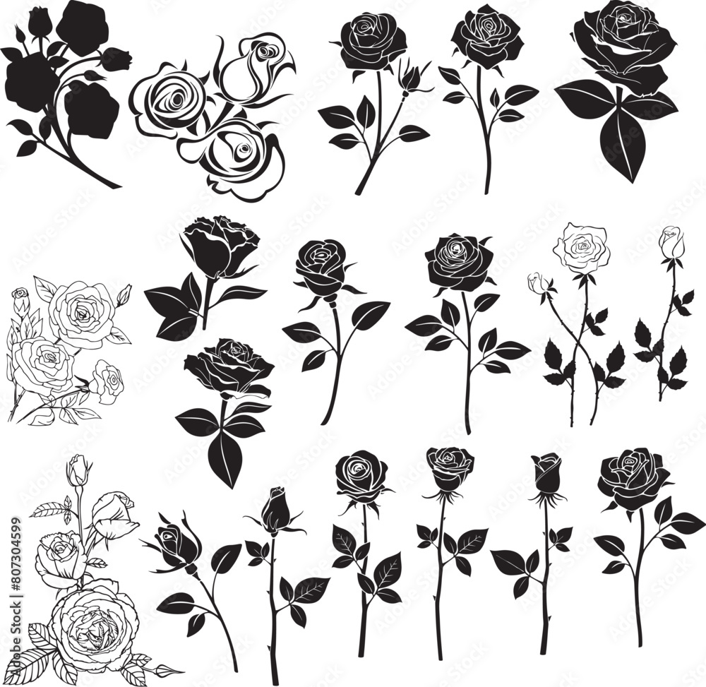 Naklejka premium Set of vector black silhouettes of rose flowers isolated on a white background.Rose SVG Cut Files | Rose Silhouette | Flower Svg | Floral Svg | Valentine Rose Svg | Vintage Rose Svg | Rose buds Bundle