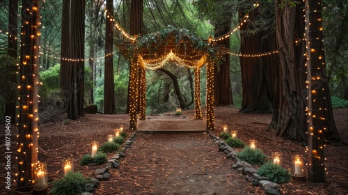 A path with a gazebo lit with candles and lights. Scene is romantic and intimate