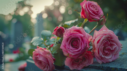 Bouquet of pink roses on the grave in the cemetery