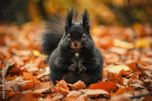 Overfed Fat Squirrel in Autumn Forest - Black and Brown Rodent with Long Hair Isolated on Outer photo