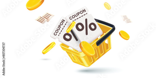 Coupon up to 50% off black rips floating in air with coin. all on  blue background.gift voucher 50% discount on shopping.summer offer ends weekend holiday.Big sale and super sale coupon code discount