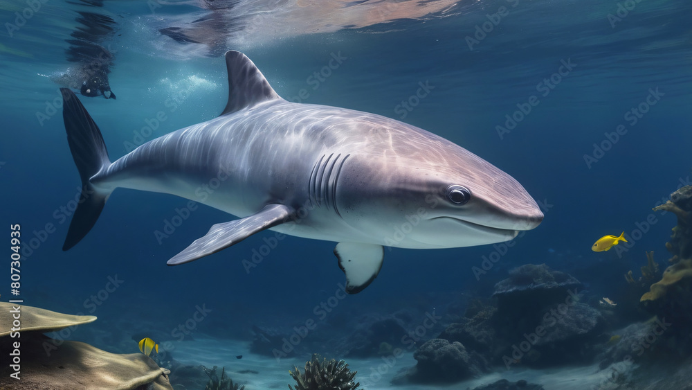 Shark Swimming Scouting And Hunting For Food In Its Natural Habitat Underwater Photography Style 300 PPI High Resolution Image Shark Swimming Scouting And Hunting For Food In Its Natural Habitat Underwater Photography Style 300 PPI High Resolution Image