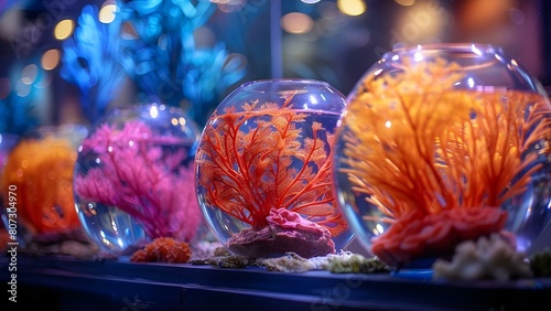 Artistic Representation of Environmental Conservation: Photo Exhibit featuring Imitation Corals in Fishbowls. Concept Environmental Conservation, Artistic Representation, Photo Exhibit