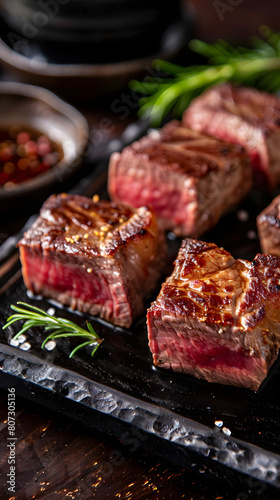 close up of fatty rare wagyu/kobe steak meat with herb garnish on a black stone plate