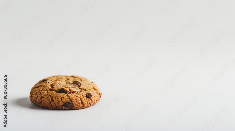 A close-up of a chocolate chip cookie placed on a white background. The cookie is freshly baked and looks tempting A close-up of a chocolate chip cookie placed on a white background. The cookie is freshly baked and looks tempting