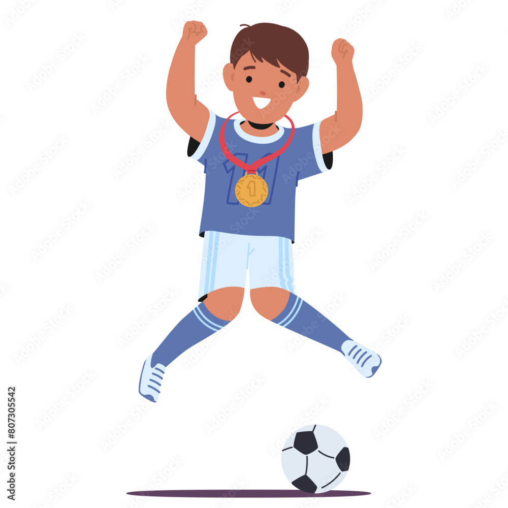 Elated Young Soccer Champion Boy Jumps In Joy, Sporting Golden Medal. Football Player Kid Character Celebrating Triumph