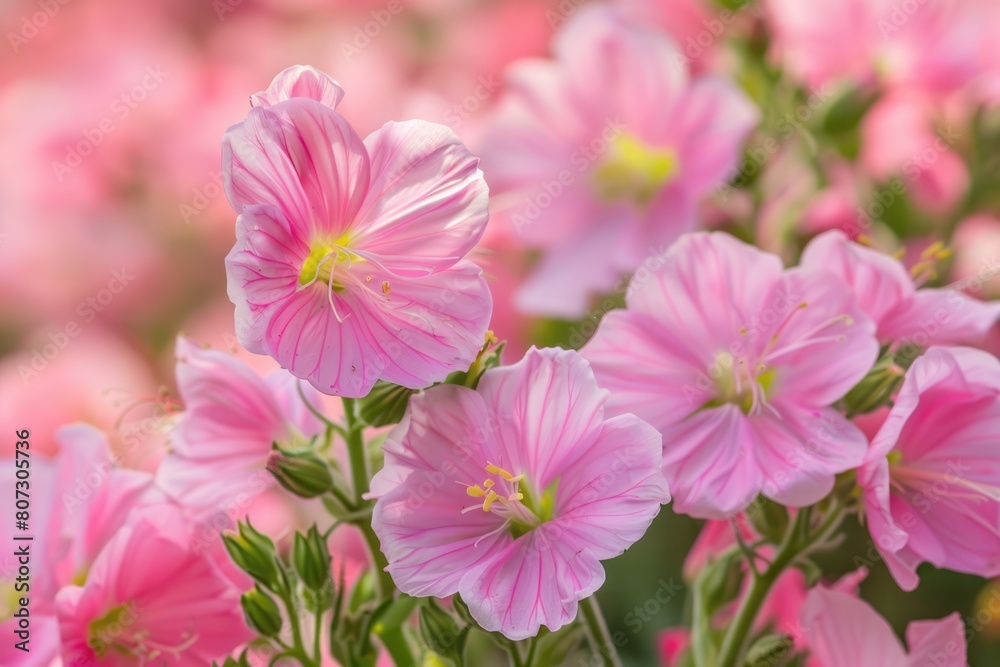 Pink Evening Primrose Close-Up. Beautiful Wildflower with Ornate Pink Petals in Flowerbed or Ground