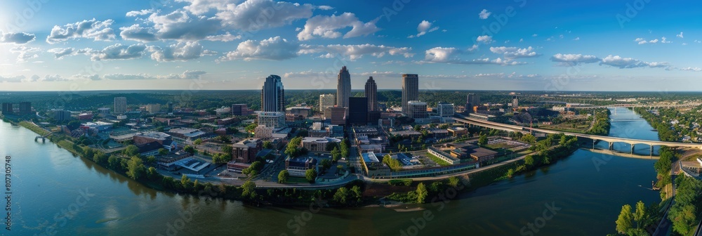 Panoramic Aerial Photo of Downtown Little Rock - View from Up High with Bridge Connecting