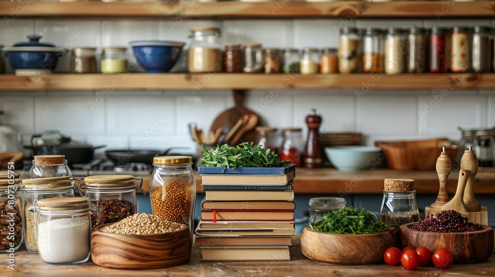 A kitchen counter with a variety of spices and books. The books are stacked on top of each other, and the spices are in jars. Concept of organization and a love for cooking and reading A kitchen counter with a variety of spices and books. The books are stacked on top of each other, and the spices are in jars. Concept of organization and a love for cooking and reading