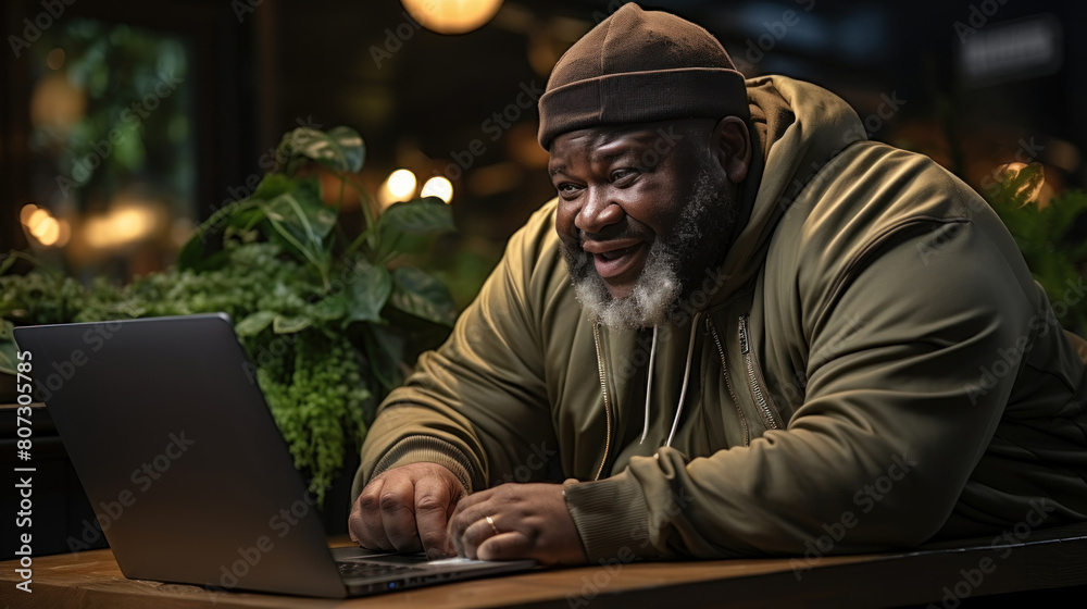 Joyful African American Man Using Laptop in Cozy Cafe Environment
