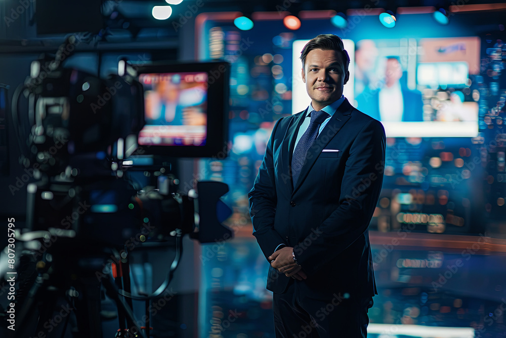 Beginning Evening News TV Program: Anchor Presenter Reporting on Business, Economy, Science, Politics. Television Cable Channel Anchorman Talks. Broadcast Network Newsroom
