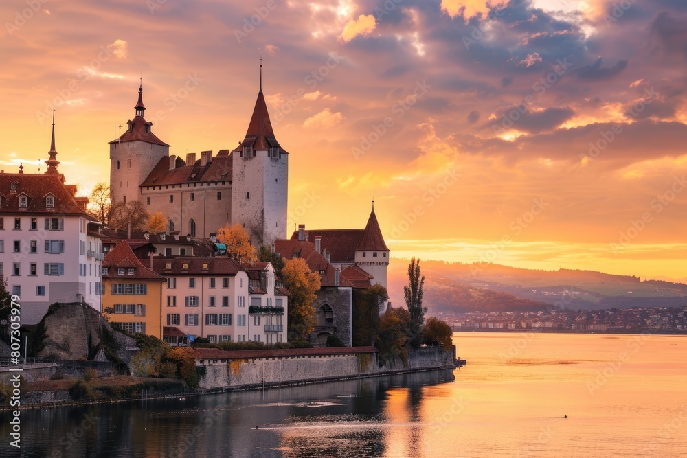 Castle and Skyline at Sunset - A Dreamy Evening View of Jura Mountains