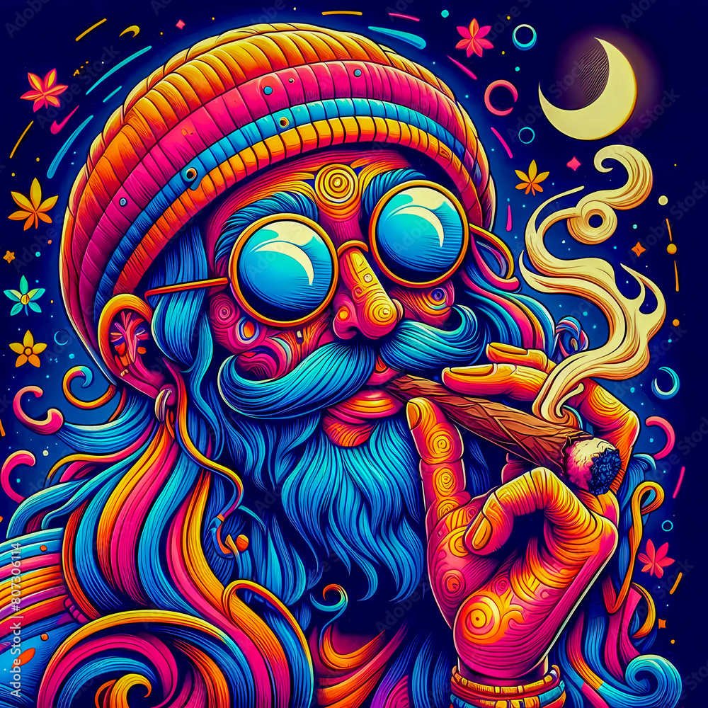 Digital art vibrant colorful psychedelic hippie character smoking a blunt