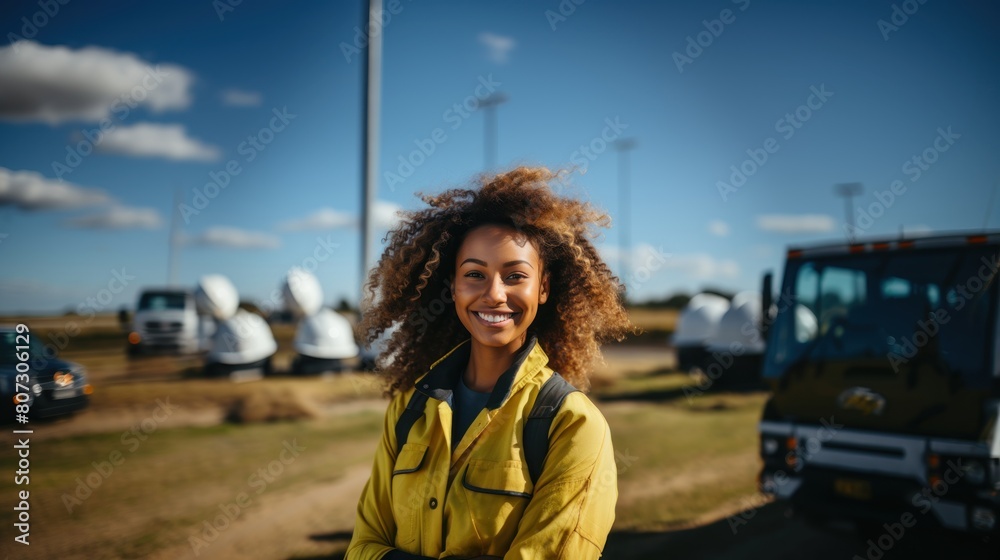 Fototapeta premium Smiling Female Engineer in Yellow Hardhat Leaning on Van at Industrial Site