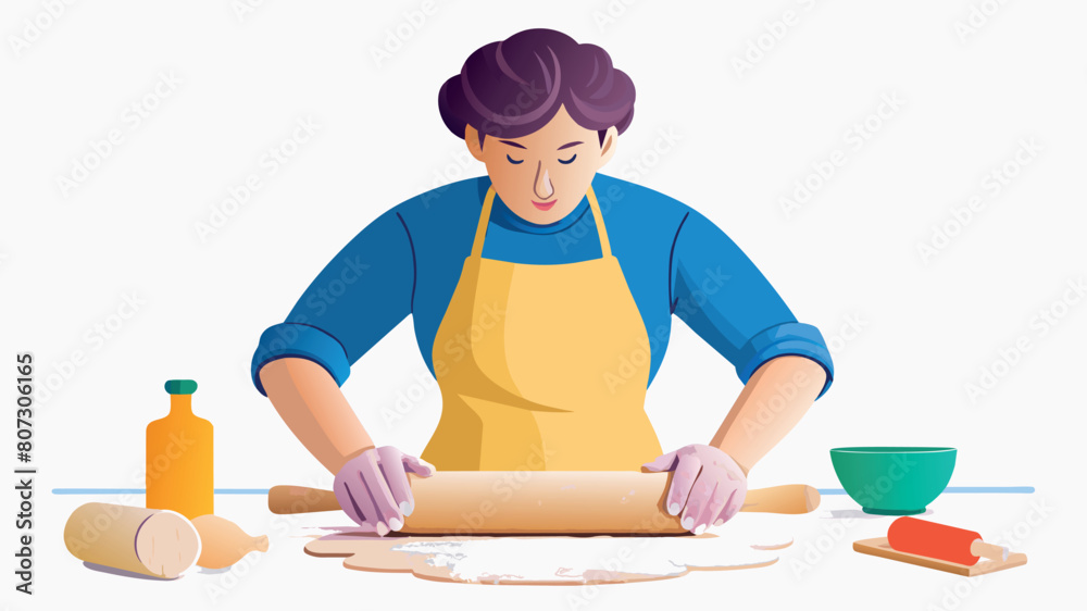 Housewife with rolling pin rolls out puff pastry-