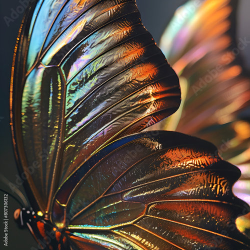 glowing iridescent butterfly wings Papilio machaon, Old World swallowtail closeup Abstract textured natural background Poster design