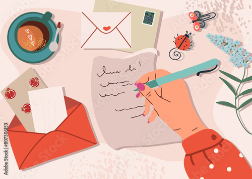 Hand with pen writing on a paper sheet. Overhead point of view. Modern flat design concept. Vector flat illustration.