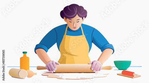 Housewife with rolling pin rolls out puff pastry-