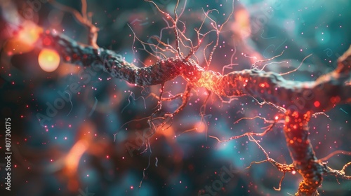 Motor Neurons Under Attack: A 3D Conceptual Illustration of Degradation in Nerve Cell Junctions photo