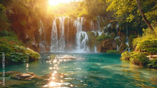 Serene Waterfall in Sunlit Forest  A Peaceful Nature Oasis with Sparkling Water