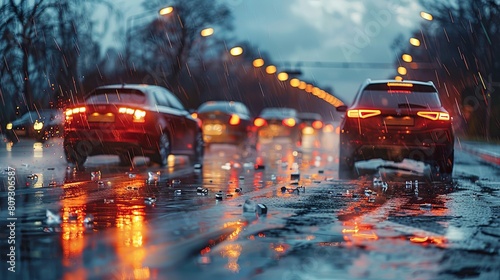Rainy Highway Traffic Scene with Illuminated Car Tail Lights