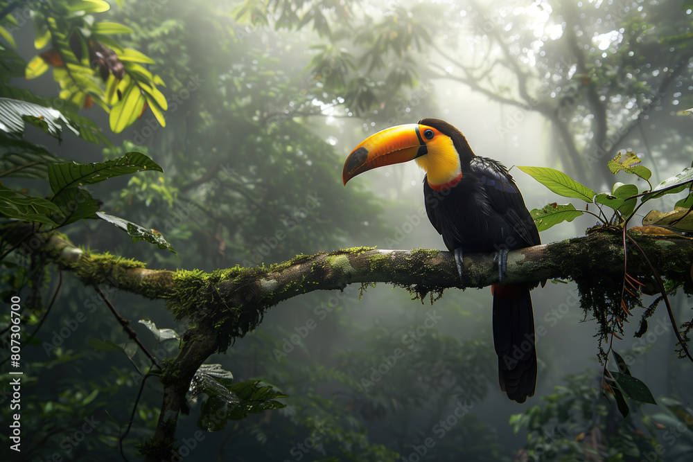 A toucan tropical bird sitting on a tree branch in rainforest A toucan tropical bird sitting on a tree branch in rainforest