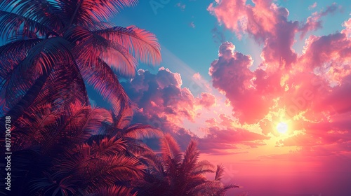 Vibrant Tropical Sunset with Lush Palm Trees and Dramatic Sky