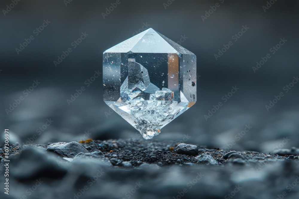A clear diamond is placed on top of a rock, creating a striking contrast between the shiny gem and the rough surface of the stone