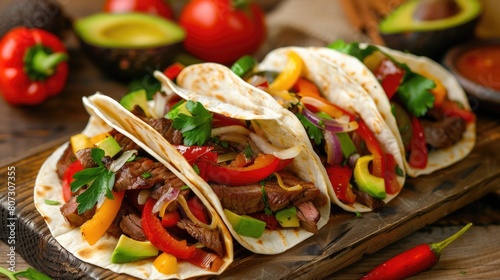 Beef Steak Fajitas with Spicy Peppers, Onions and Avocado on Wooden Board - Delicious Meal