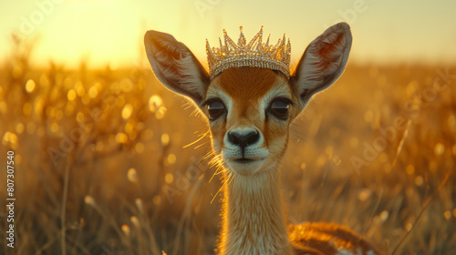 Glamorous gazelle in a sequined dress, wearing a sparkling tiara