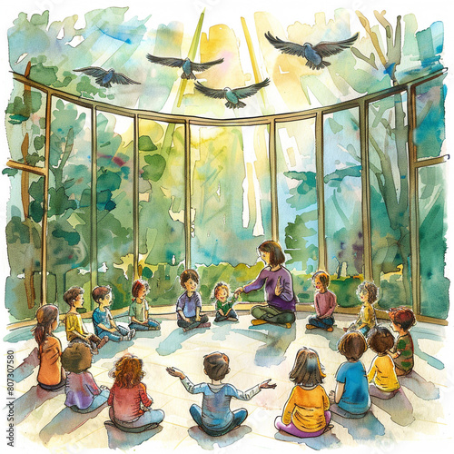 serene classroom filled with natural light streaming through large windows