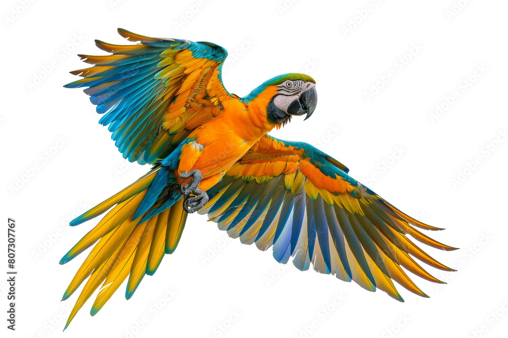 Fototapeta premium Vibrant Blue and Yellow Macaw in Flight