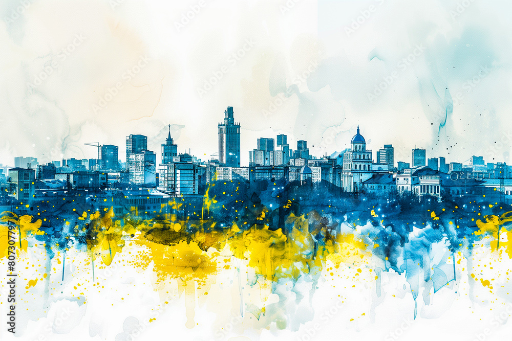 Fototapeta premium Kyiv skyline in watercolor. Splatter paintings, yellow and blue colours, white background. Traditionally, Kyiv celebrates the City Day on the last Sunday of May