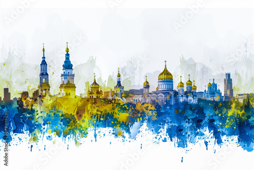Kyiv skyline in watercolor, yellow and blue colours, white background